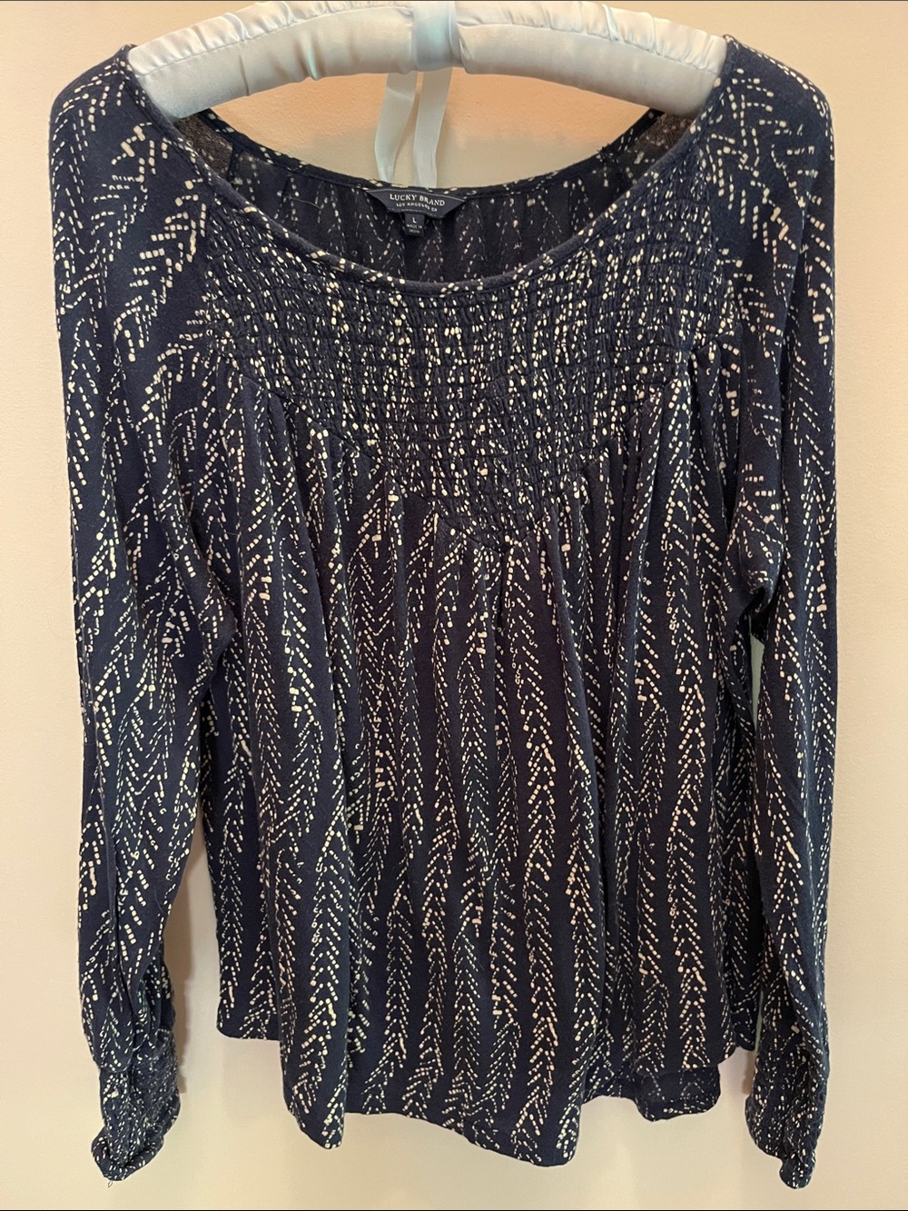 Lucky Brand Navy Peasant Blouse with Cream Dot Chevron Print